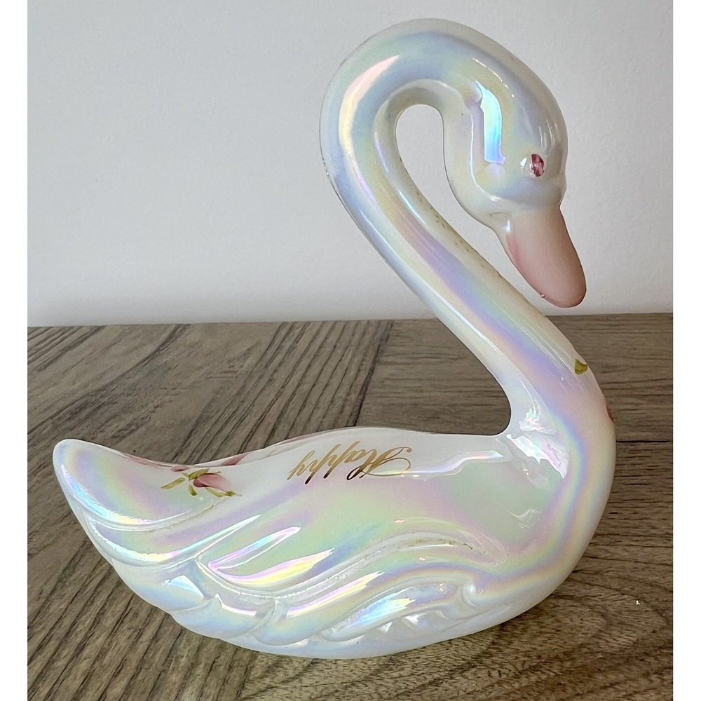 Vintage Pearlescent FENTON SWAN-HAPPY ANNIVERSARY-HAND PAINTED BY D.CUTSHAW-EXC.